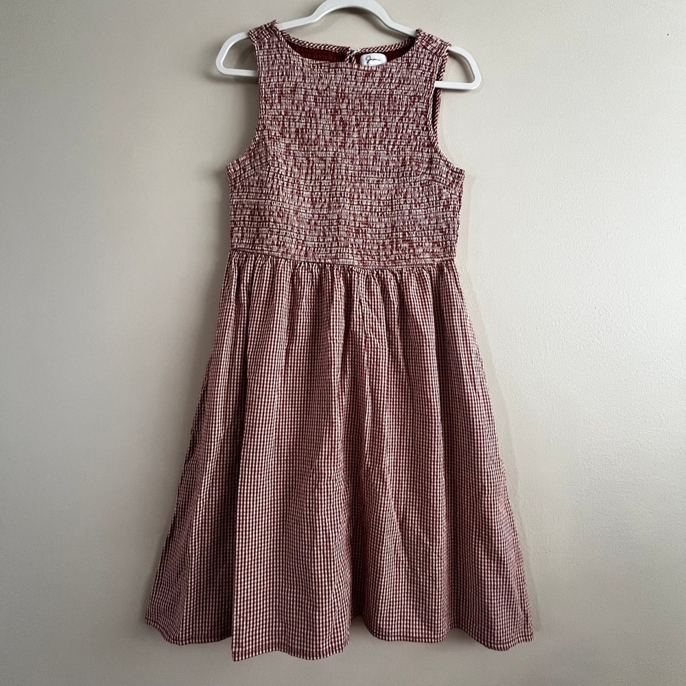 Japna smocked gingham mini dress size M burgundy cottagecore sleeveless cotton